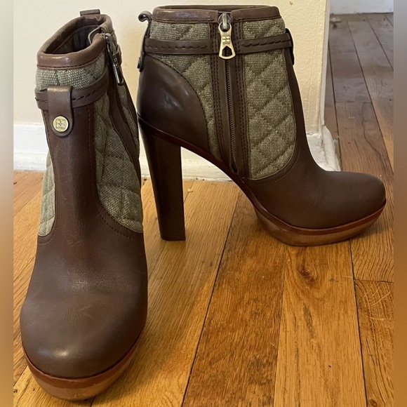 BCBG MAXAZRIA Kingston brown green leather fabric bootie boot 38 1/2 US 8 - Picture 2 of 9